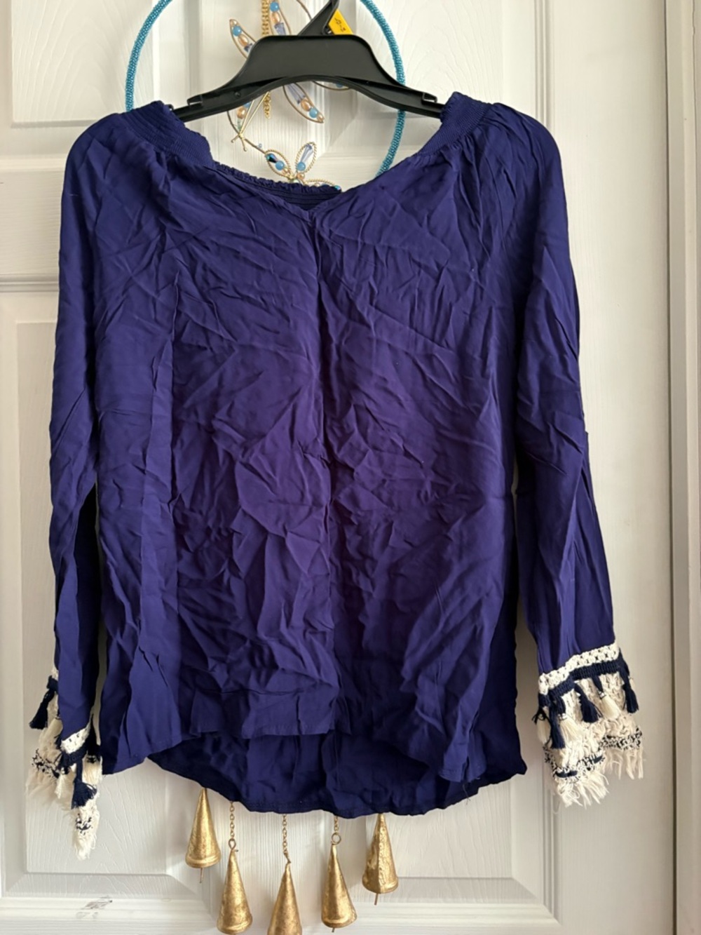 Studio West Navy Blue Peasant Tunic with Tassel Cuffs